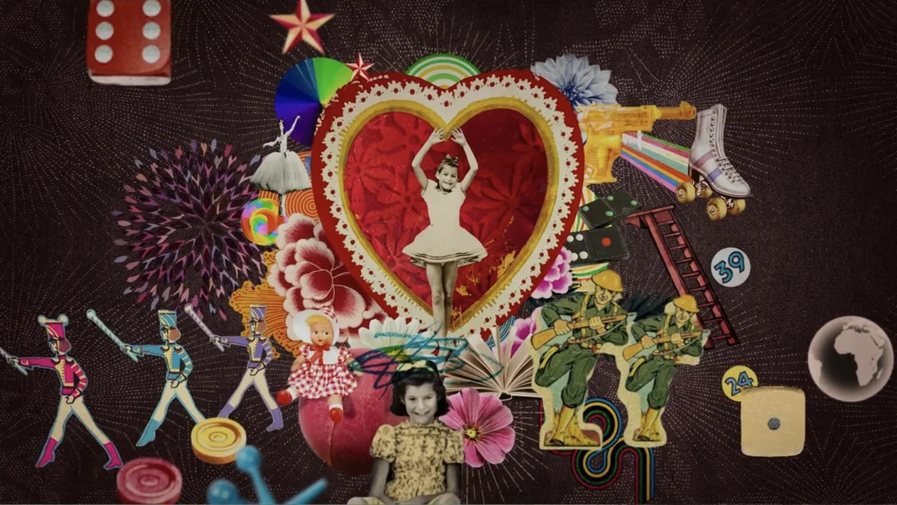 Judy Blume Forever (2023) movie still: wide — A dark, textured background is populated by a variety of vintage paper cut-out images. Figures include…