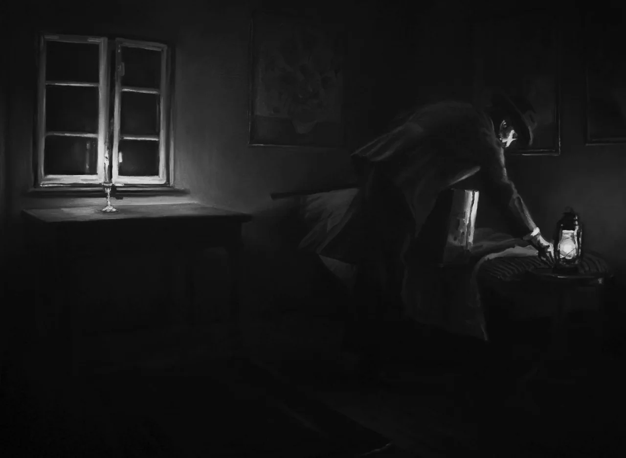 Loving Vincent (2017) movie still: medium — A dimly lit, sparse interior room features a wooden table and a bed. A man wearing a hat reaches down to…