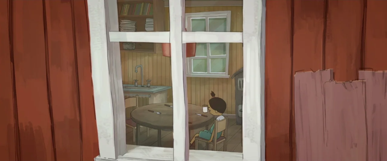 The Ape Star (2021) movie still: medium — A cartoon dining area viewed through a window frame with wooden wall panels. A young girl sits alone at a…