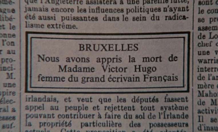The Story of Adele H (1975) movie still: closeup — A close-up view of a French newspaper page featuring a boxed announcement. The text inside the…