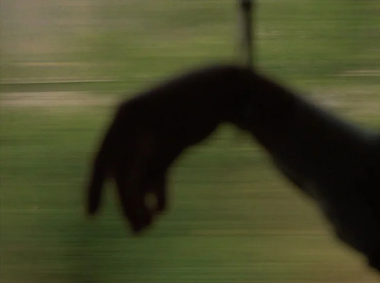 Keep Your Right Up (1987) movie still: closeup — A dark human hand extends into the frame against a blurred green background. The background…