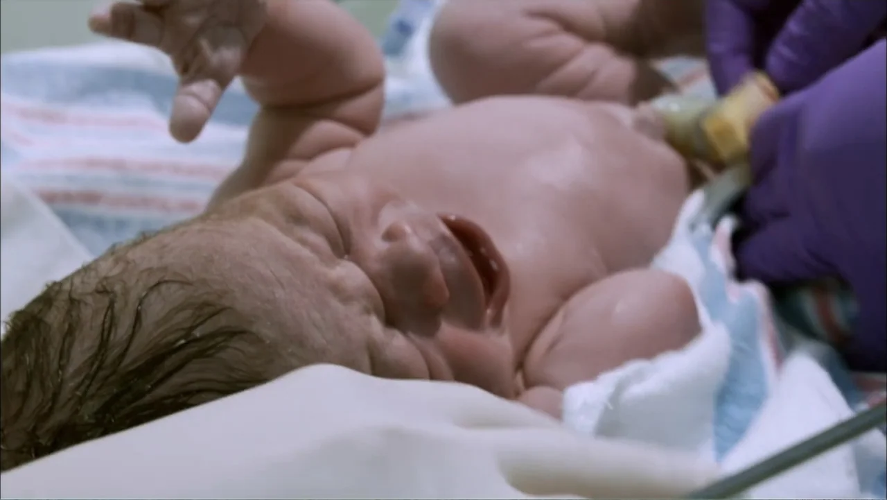 Aliens Inside Us (2013) movie still: closeup — A hospital delivery room featuring a newborn infant on a soft medical blanket. The infant lies on its…