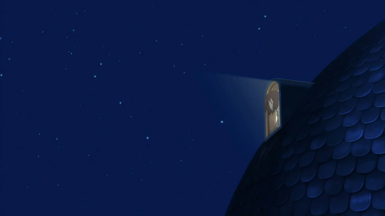 Napping Princess (2017) movie still: wide — A steeply sloped roof with dark shingles features a small dormer window at night. A young person looks…