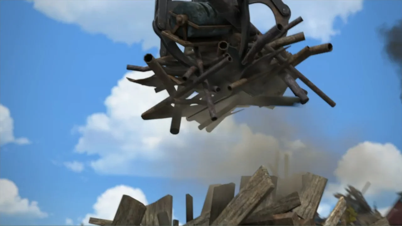 Thomas & Friends: Tale of the Brave (2014) movie still: medium — A large industrial metal claw suspended in the air over a heap of rubble. The claw…