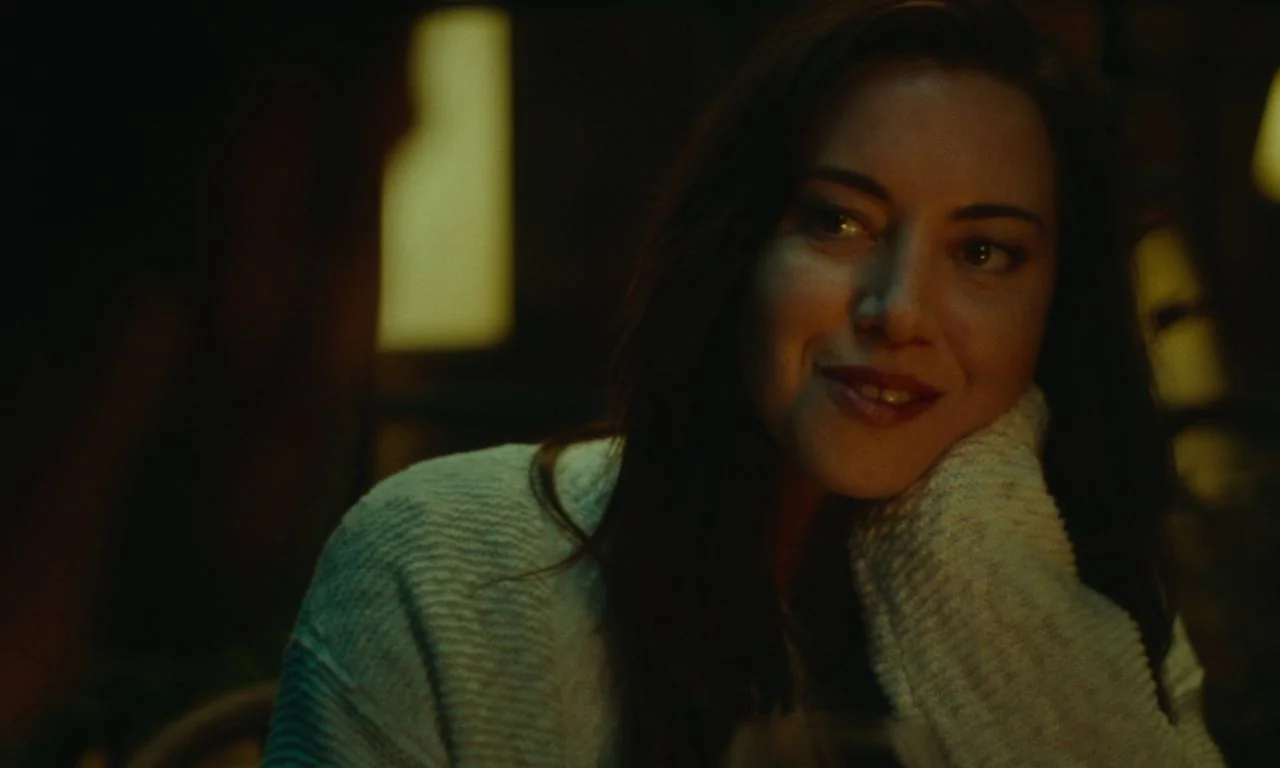 Black Bear (2020) movie still: closeup — A dimly lit indoor space with blurred background lights indicating a restaurant or cafe. A woman with long…