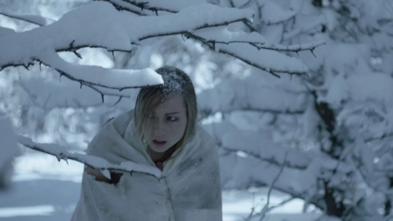 Snowbound (2017) movie still: medium — A dense woodland environment covered in deep, undisturbed white snow. A young woman wrapped in a white…