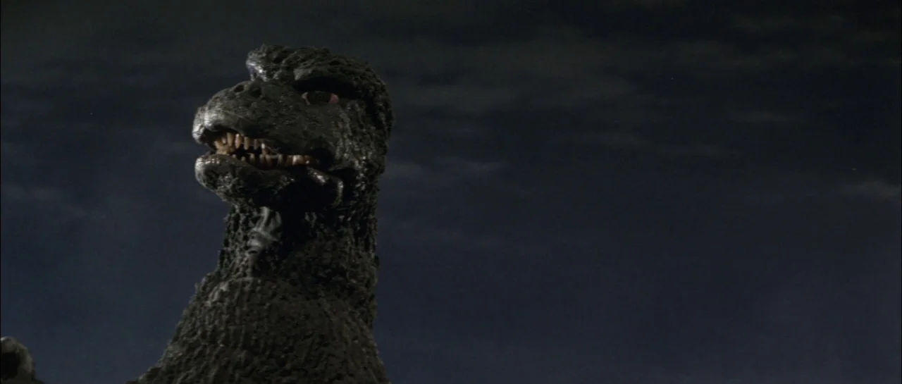 Godzilla Vs Megalon (1973) movie still: medium — A giant reptilian creature stands against a dark, clouded night sky. The monster looks off-frame…