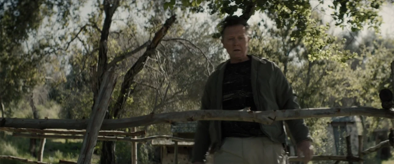 Equation of Love and Tone Deafness (2015) movie still: medium — A man walks past a rustic wooden fence in a wooded area. The subject moves forward…