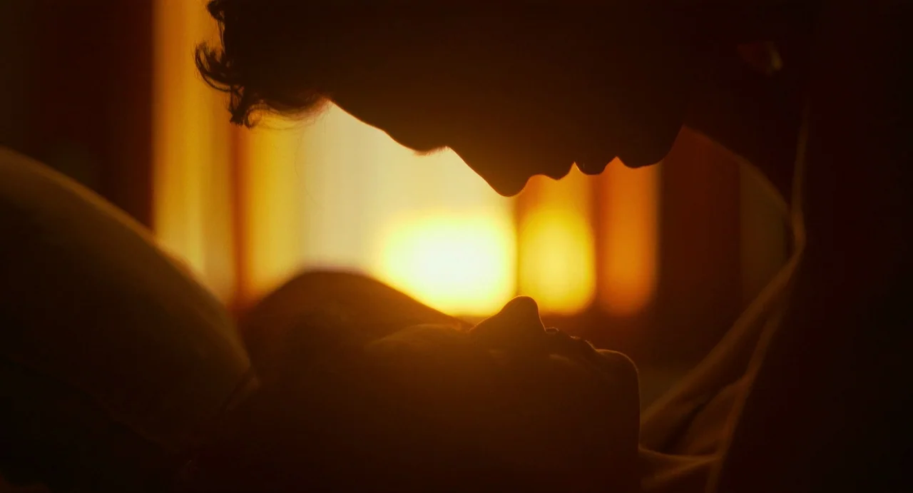 Fresh (2022) movie still: closeup — A dimly lit room focuses on the silhouettes of two people lying together. They are positioned face to face with…