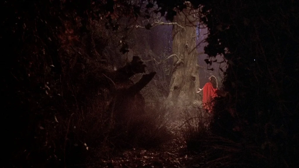 The Company of Wolves (1984) movie still: wide — A dark, dense thicket surrounds a clearing featuring a large, weathered tree. A woman in a red…
