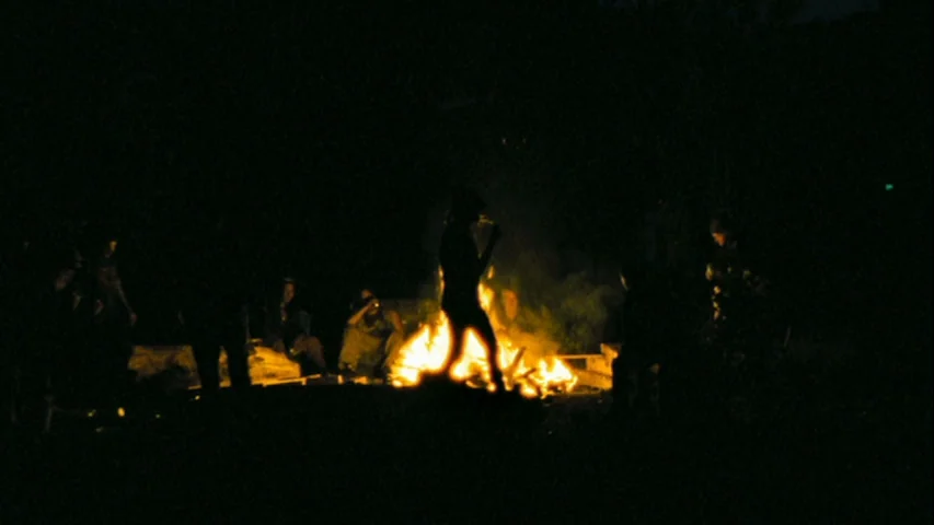 Wendy and Lucy (2008) movie still: wide — A group of people gather outdoors around a large, flickering campfire at night. The fire casts long…