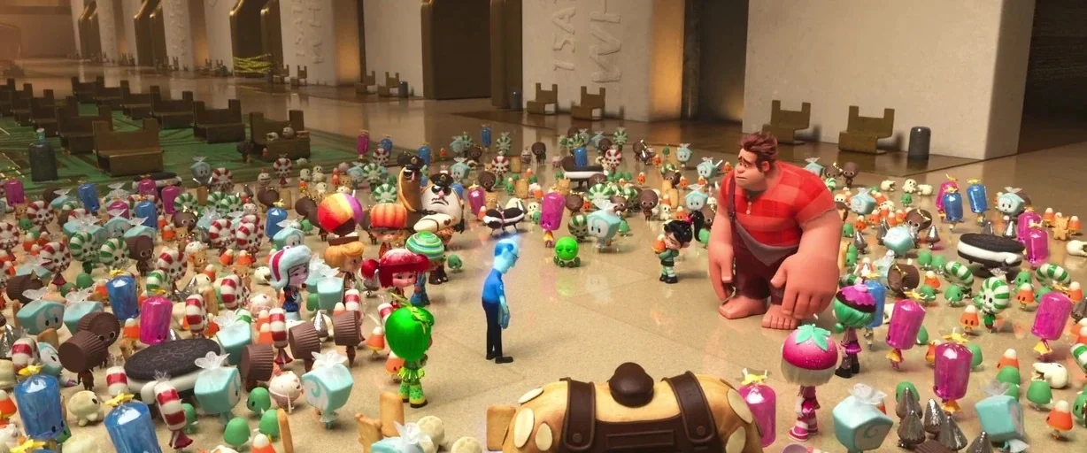 Ralph Breaks the Internet (2018) movie still: wide — A spacious, minimalist lobby with cream walls and rows of blocky seating contains many…