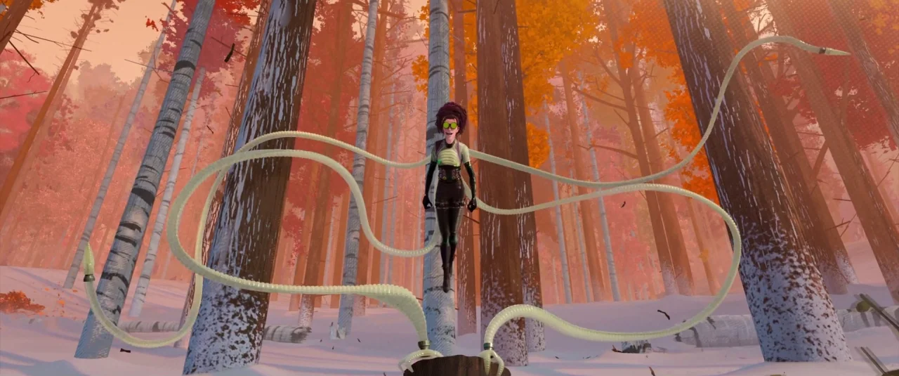 Spider-Man: Into the Spider-Verse (2018) movie still: wide — A dense autumn wood features orange foliage and a snow-covered ground layer. A female…