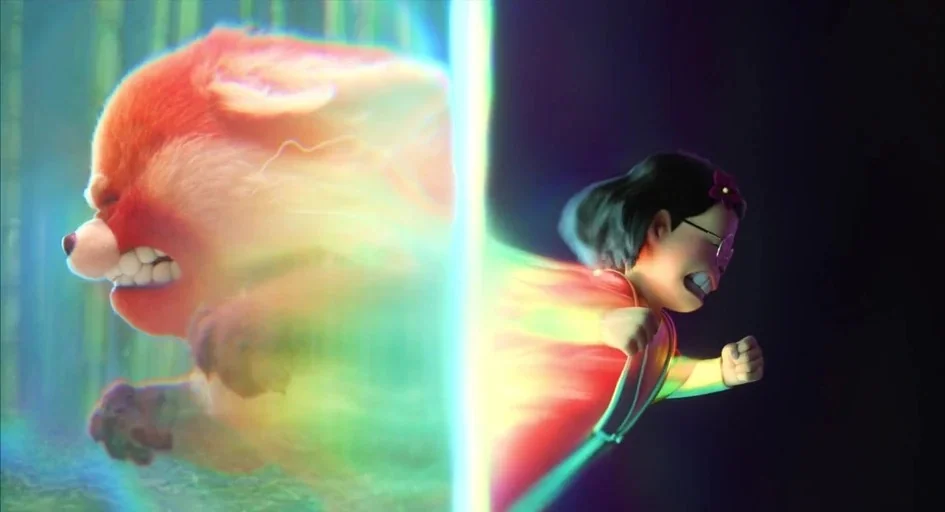 Turning Red (2022) movie still: medium — A teenage girl and a large red panda run through a glowing vertical light beam. The background features…