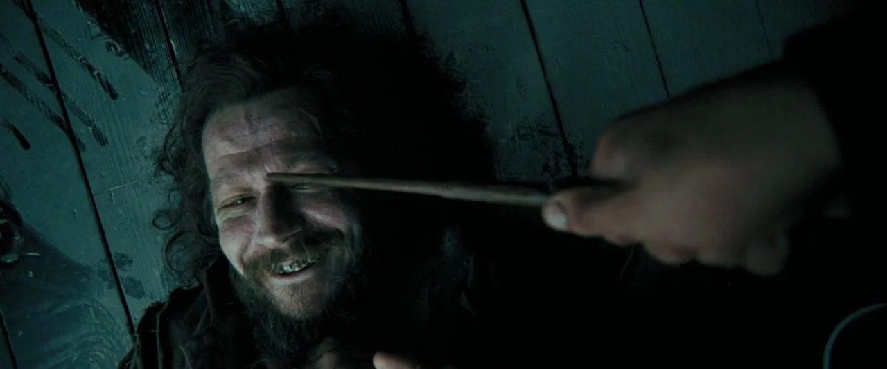 Harry Potter and the Prisoner of Azkaban (2004) movie still: closeup — A dark wooden floor serves as the background for a tense interaction. A man…