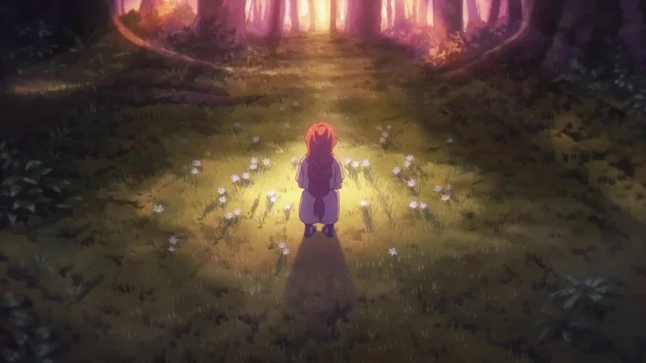Frieren: Beyond Journey's End (2023) movie still: wide — A clearing in a dense woodland features a patch of small white flowers. A small child sits…
