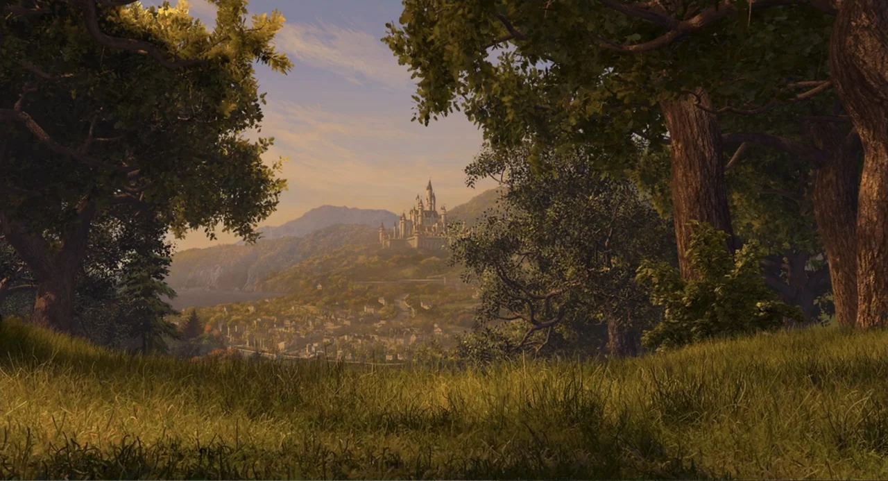 Shrek the Third (2007) movie still: establishing — A grassy hill overlooks a town nestled below a mountain with a distant castle. Trees frame the…