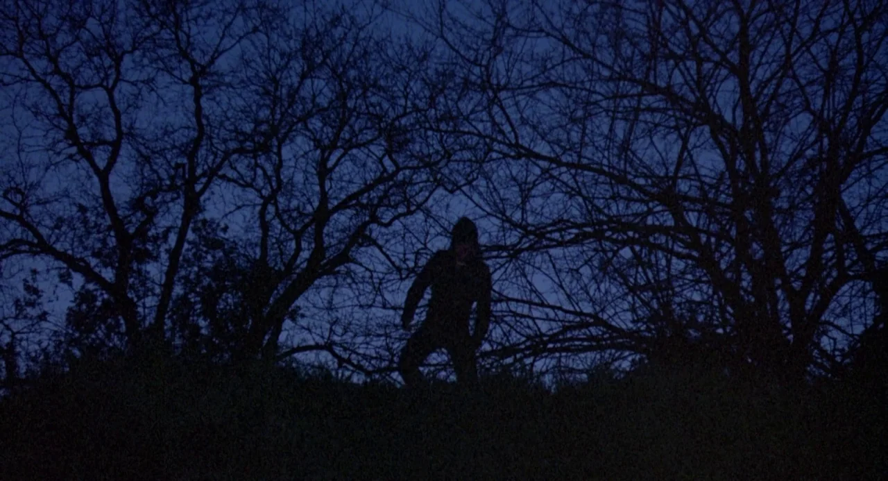 River’s Edge (1986) movie still: wide — A dark figure stands on a grassy rise backed by dense, leafless trees at night. The person remains…