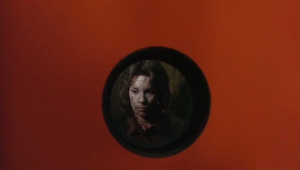 Sisters (1973) movie still: closeup — A person is viewed through the circular, distorted glass of a door peephole. The subject stands in a darkened…