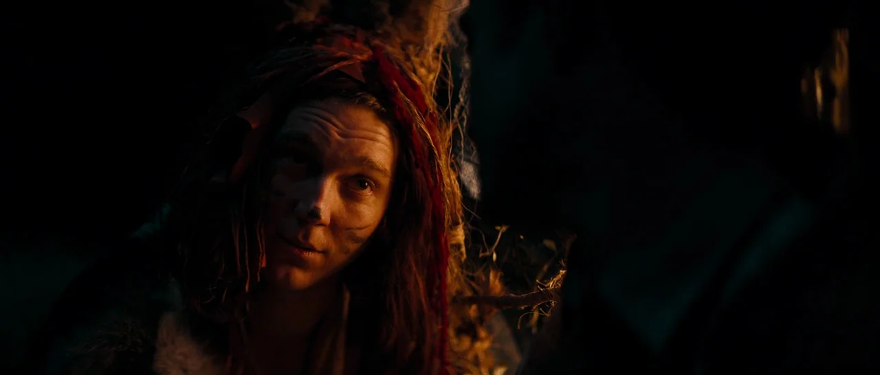 Swiss Army Man (2016) movie still: closeup — A dark night setting lit only by a nearby fire in a wild environment. A young person with textured hair…