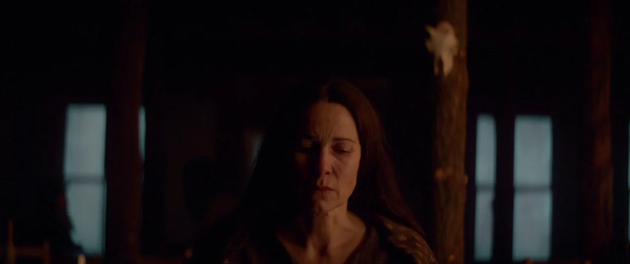 Never Grow Old (2019) movie still: closeup — A dark, dimly lit cabin interior featuring vertical wooden support beams in the background. A woman…