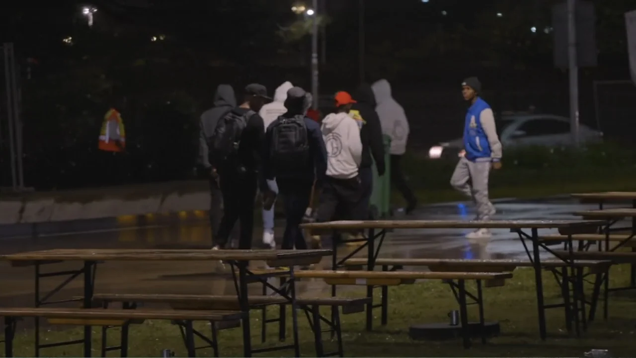 African Throne World Tour (2024) movie still: fullbody — A group of people walk through a dark park at night past wooden picnic tables. They…