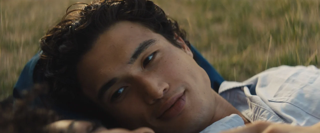 The Sun Is Also a Star (2019) movie still: closeup — A person lies in tall grass during golden hour in a field. The individual looks toward the…