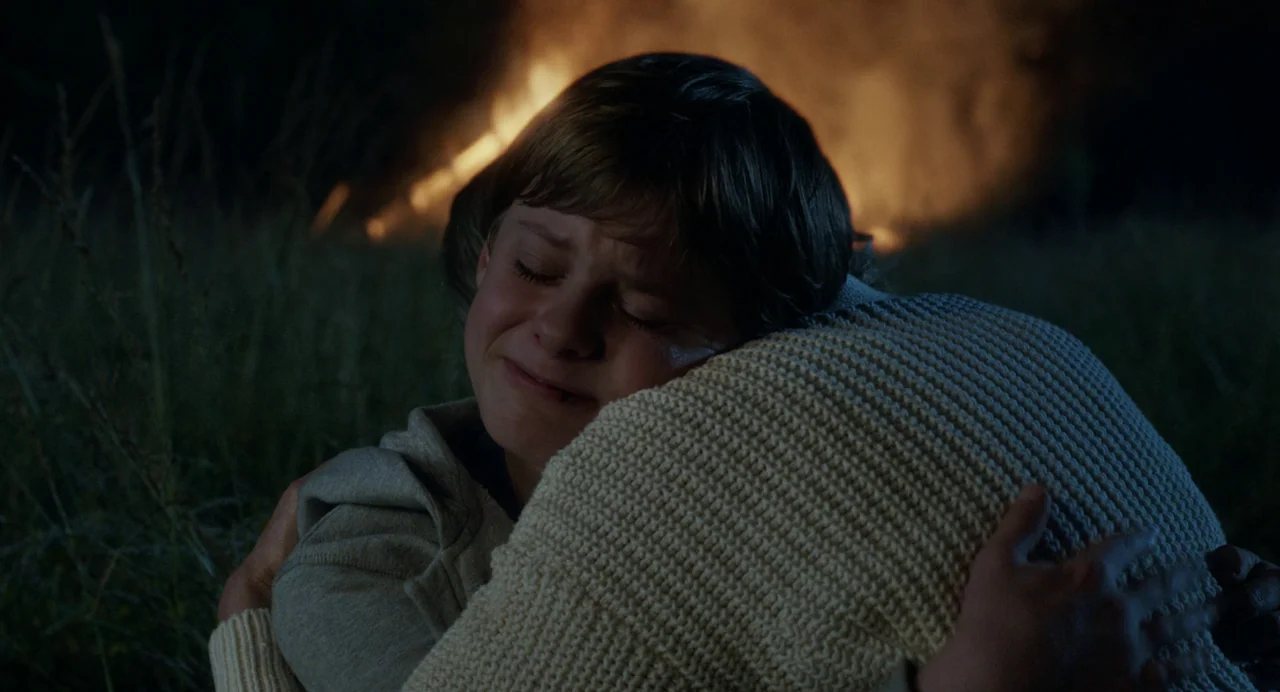 Goodnight Mommy (2022) movie still: closeup — A field at night features a large fire glowing in the dark background. A child in a hoodie hugs a…