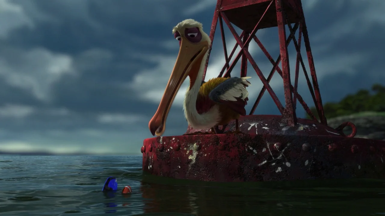 Finding Nemo (2003) movie still: medium — A large rusty metal buoy floats on dark water under an overcast, cloudy sky. A large pelican stands on top…