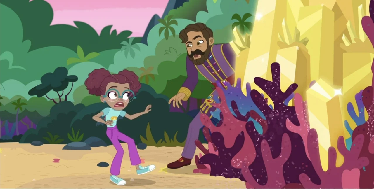Polly Pocket Sparkle Cove Adventure (2023) movie still: fullbody — A cartoon-style jungle setting features lush green foliage and large clusters of…