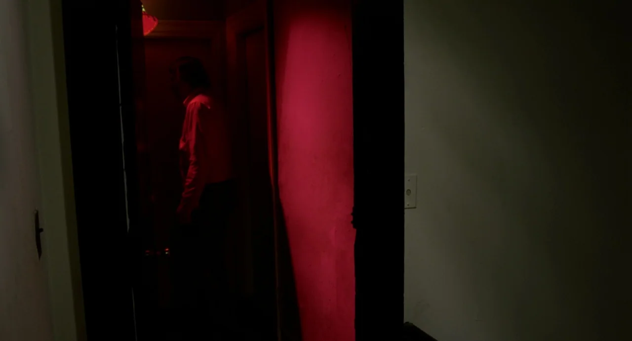 Liquid Sky (1982) movie still: medium — A dimly lit indoor hallway features a bright red wall illuminated by hidden lighting. A man stands in the…