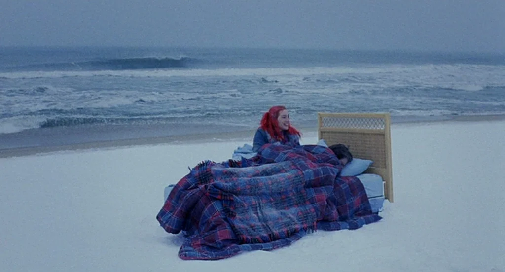 Eternal Sunshine of the Spotless Mind (2004) movie still: wide — A bed with a woven headboard rests on a white, snow-covered sandy beach. A man and…