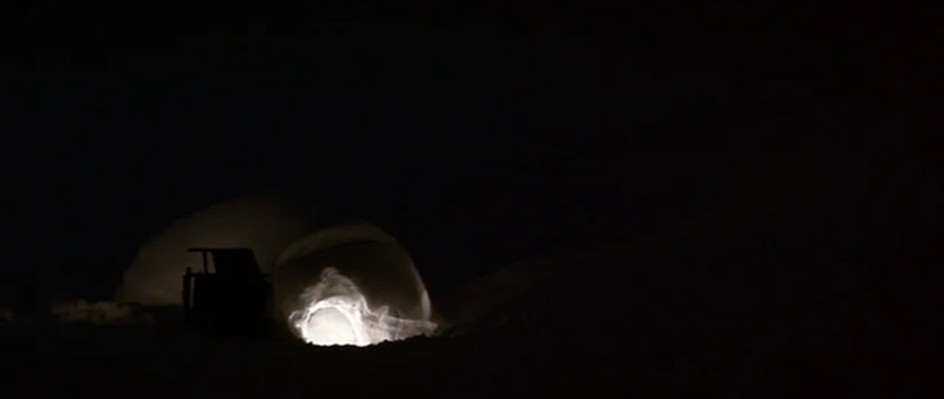 Lone Wolf and Cub: White Heaven in Hell (1974) movie still: wide — A dark, snow-covered landscape contains a small igloo-like structure at night.…