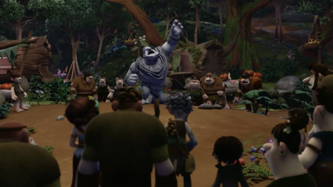 Troll: The Tale of a Tail (2018) movie still: wide — A woodland clearing filled with various animated characters gathering around a large, grey…