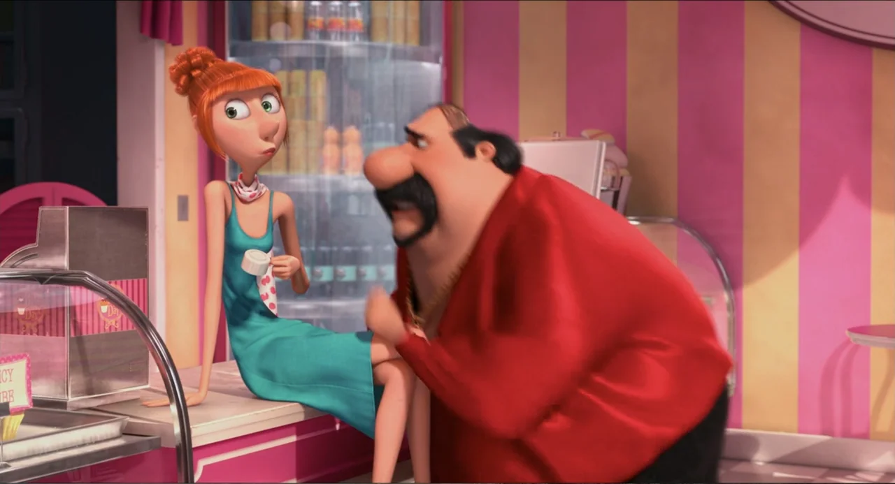 Despicable Me 2 (2013) movie still: medium — A brightly colored bakery features pink and yellow striped walls with a display case. A slim woman sits…