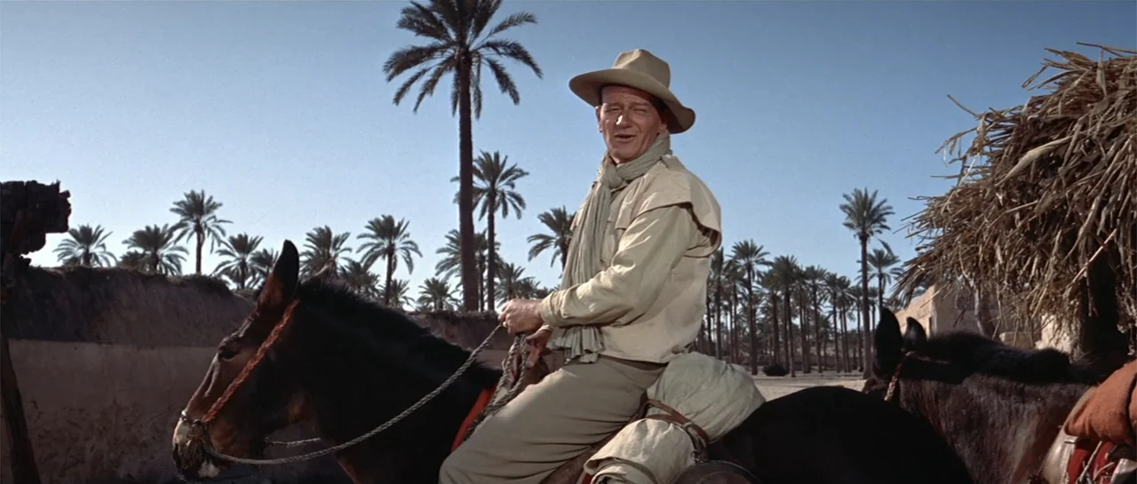 Legend of the Lost (1957) movie still: medium — A man rides a mule through a desert landscape filled with many palm trees. He is dressed in travel…