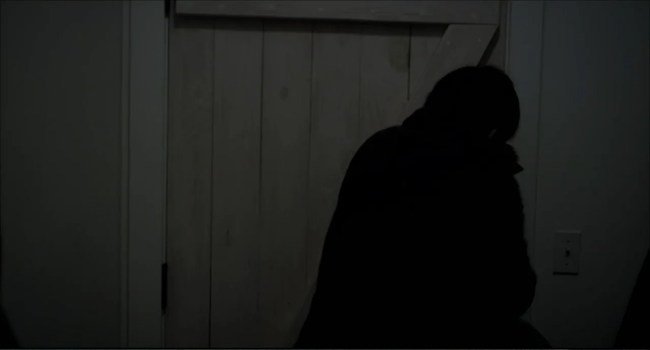 Freedom (2024) movie still: medium — A dark interior space features a closed light-colored wooden door with a Z-brace design. A person stands in the…