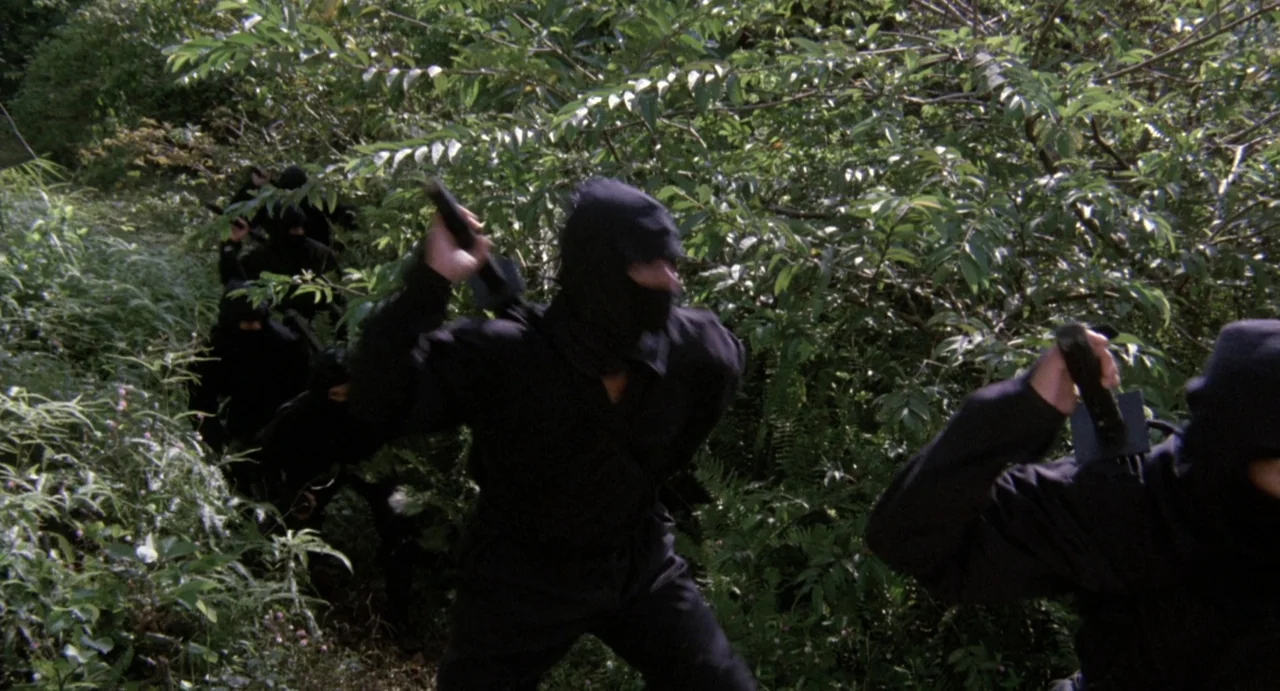 American Ninja (1985) movie still: medium — A dense patch of tropical jungle filled with thick green leaves and tangled branches. Multiple figures…