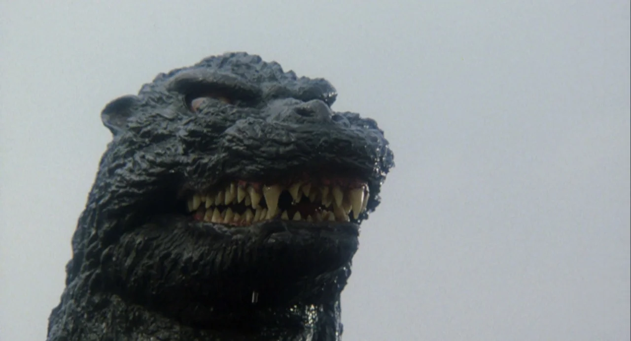 Godzilla and Mothra: The Battle for Earth (1992) movie still: closeup — A close-up shot of the head of a reptilian monster against a flat sky. The…