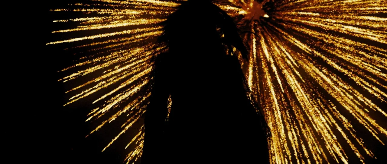 Let The Corpses Tan (2017) movie still: fullbody — A dark night sky is illuminated by an expansive, radiating golden fireworks burst. A person…