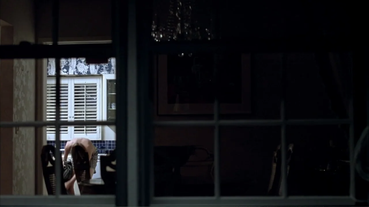 Paranoid Park (2007) movie still: medium — A dark residential room viewed through a window frame looking into a bright kitchen. A man in boxers…