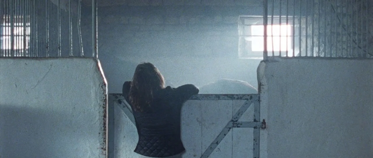 Alléluia (2014) movie still: medium — A dimly lit indoor horse stable with whitewashed masonry and iron bar partitions. A woman with dark hair leans…