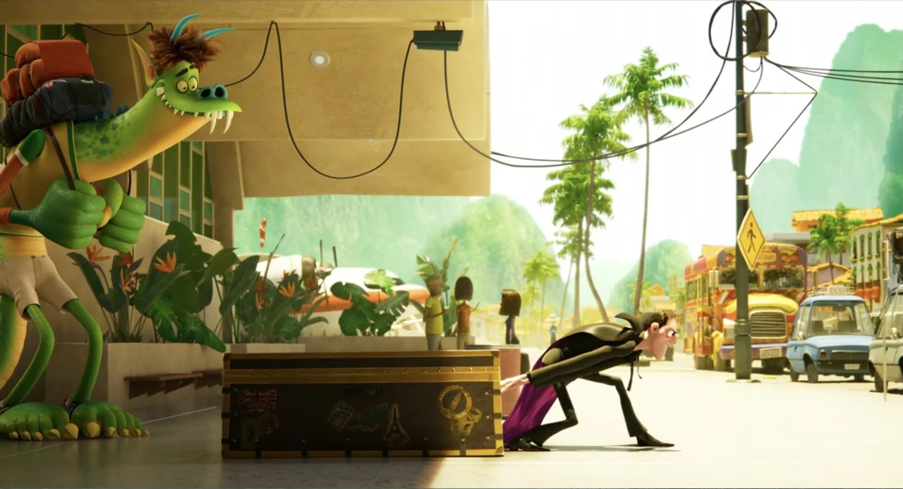 Hotel Transylvania: Transformania (2022) movie still: wide — An outdoor bus terminal area features lush tropical plants and a yellow bus nearby. A…