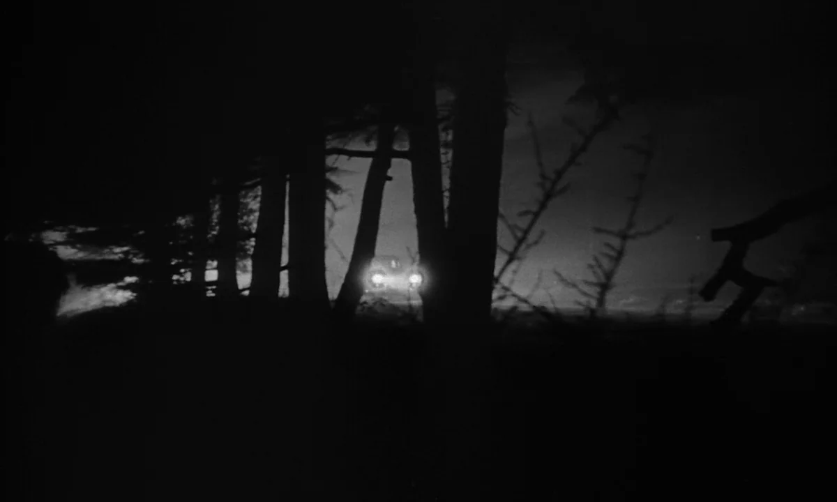 Night Of The Demon (1957) movie still: wide — A dark, silhouetted stand of trees frames an open field at night. A lone car sits in the distance with…