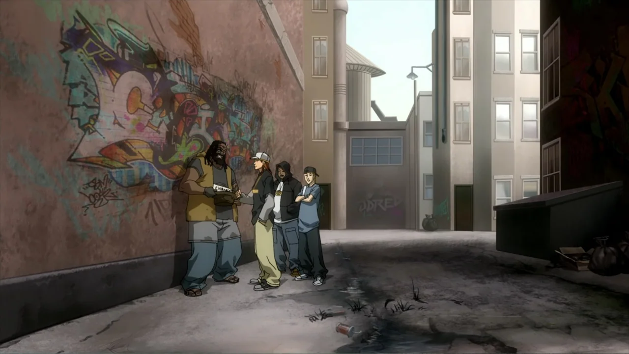 Superman/Shazam!: The Return of Black Adam (2010) movie still: fullbody — An urban alleyway features a tall wall covered in colorful spray-painted…