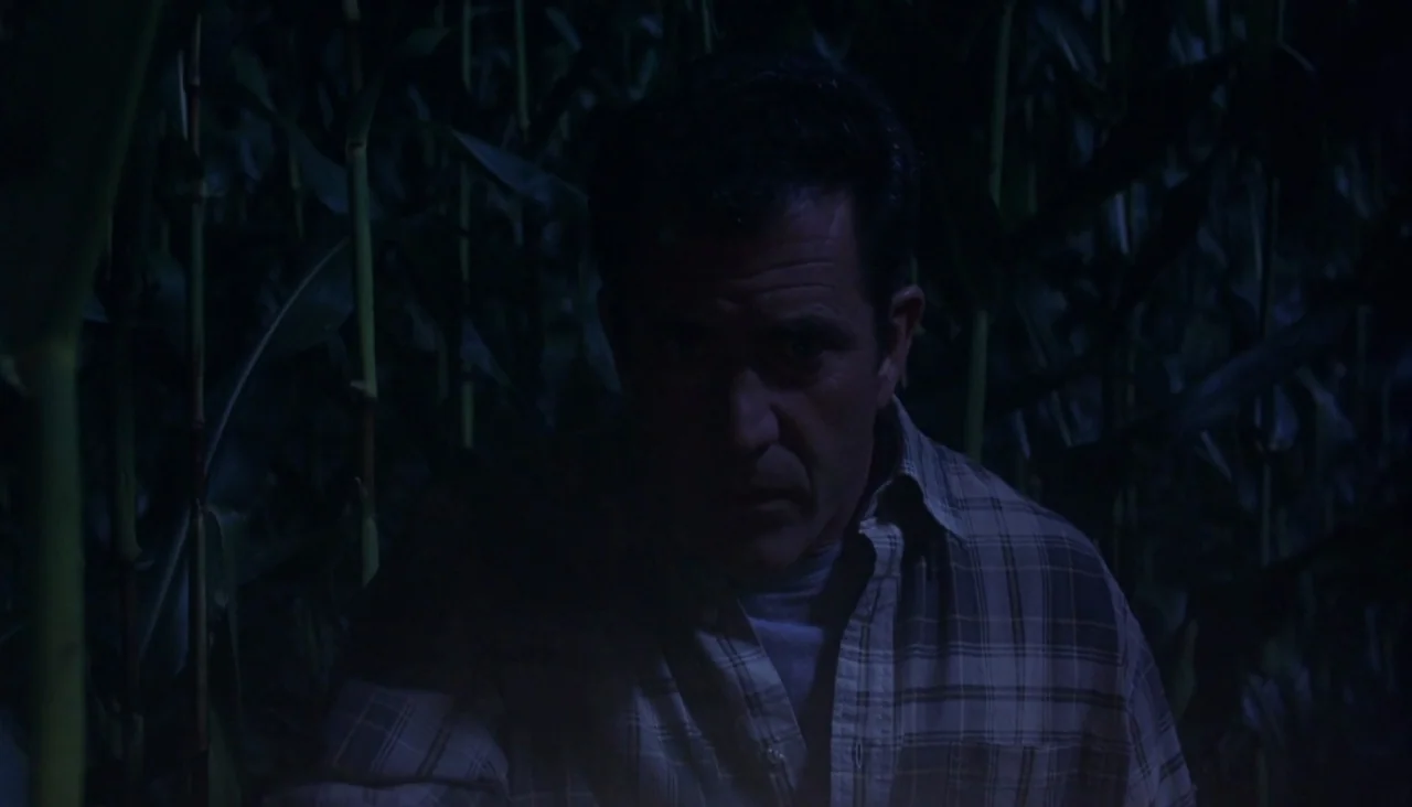 Signs (2002) movie still: medium — A man stands between rows of corn stalks in the middle of the night. He is positioned in the center, facing the…