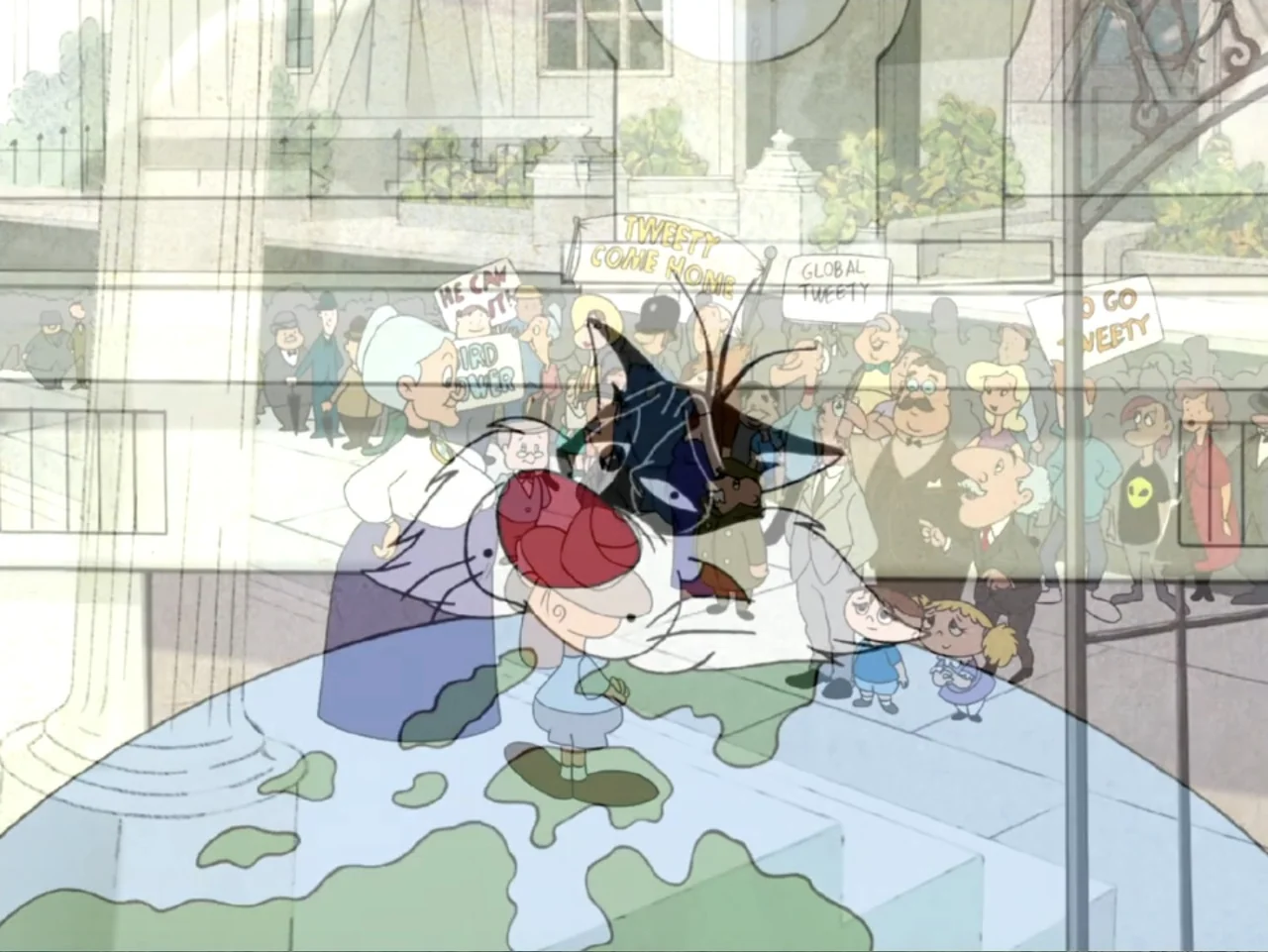 Tweety's High Flying Adventure (2000) movie still: medium — A double-exposed 2D cartoon frame displays a protest crowd and a superimposed cat face.…