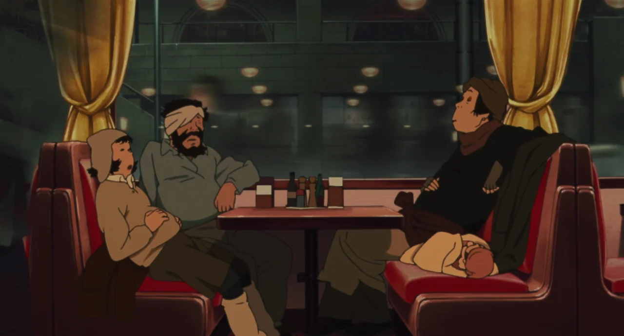 Tokyo Godfathers (2003) movie still: medium — A passenger train car features red upholstered booths and yellow curtains at the window. Three adults…