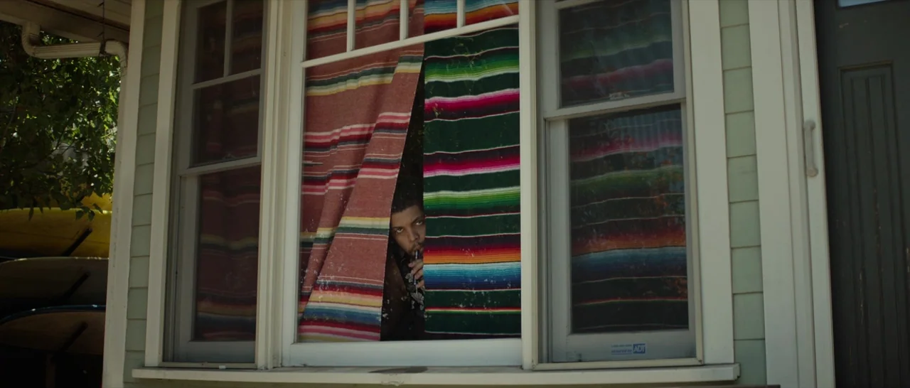 Ingrid Goes West (2017) movie still: medium — A light green wooden house exterior features large windows covered by multicolored striped curtains. A…