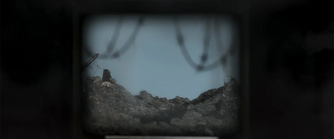 Gone Missing -  Old John's Final Journey (2014) movie still: establishing — A desolate, dirt-caked trench line is depicted from a low, restricted…